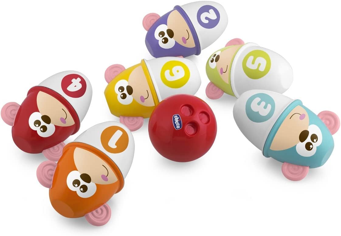 Chicco Monkey Strike Kids Bowling Set - Kegelspiel für Kinder mit 6 trennbaren Pins, stapelbar in 12 Teile, inklusive Kunststoffball - Kegelspielzeug, Geschenke für Kinder von 18 Monaten bis 8 Jahren