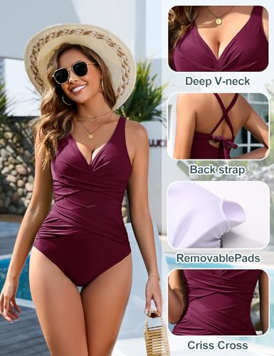 heekpek One Piece Swimsuit Women Swimwear V Neck Swimming Costume Tummy Control Push Up Swimsuit Shapewear Swimwear, Burgundy, L - Image 4