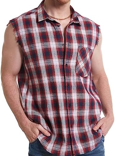 Sleeveless Plaid Front Shirt for Men,Cowboy Button Down Shirts