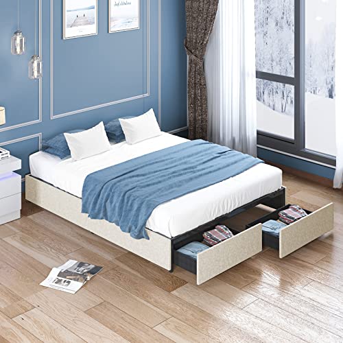 Balus King Bed Frame With Storage Drawers, Upholstered Platform Bed Frame With Large Storage Space, No Box Spring Needed/Heavy Duty Wood Slat Support/Noise Free/Easy Assembly, Beige #TOP14