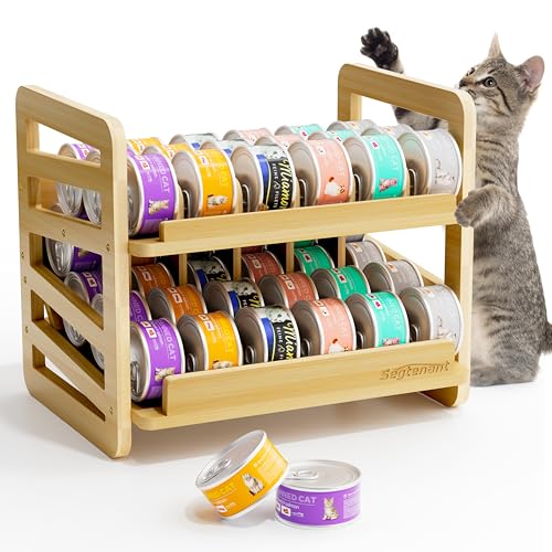 Rolling Bamboo Cat Food Can Organizer, 2-Layer Wet Cat Food Storage Container Holds 42 (3oz) Cans, Canned Cat Food Organizer and Storage for Countertop Kitchen Cabinet or Pantry Shelf