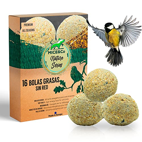 Mice&Co Bolas Grasas Comida Pájaros - Bolas de Sebo Aves Silvestres | Suet Balls Semillas Pienso Aves - 16 Unidades