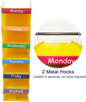 6-Shelf Weekly Hanging Closet Organizer with 6 Side Pockets, School Student Daily Activity Storage Supplies, 43 Hx12 W