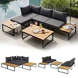 STEELSØN Zandra Gartenlounge Outdoor – modulares Gartenmöbel Set mit Ecksofa & Tisch wetterfest – Balkonmöbel aus Akazien Holz & Stahl mit Kissen in schwarz – Loungemöbel für Garten/Terasse/Balkon