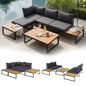 STEELSØN Zandra Gartenlounge Outdoor – modulares Gartenmöbel Set mit Ecksofa & Tisch wetterfest – Balkonmöbel aus Akazien Holz & Stahl mit Kissen in schwarz – Loungemöbel für Garten/Terasse/Balkon