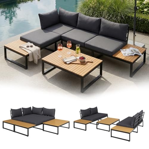 STEELSØN Zandra Gartenlounge Outdoor – modulares Gartenmöbel Set mit Ecksofa & Tisch wetterfest – Balkonmöbel aus Akazien Holz & Stahl mit Kissen in schwarz – Loungemöbel für Garten/Terasse/Balkon