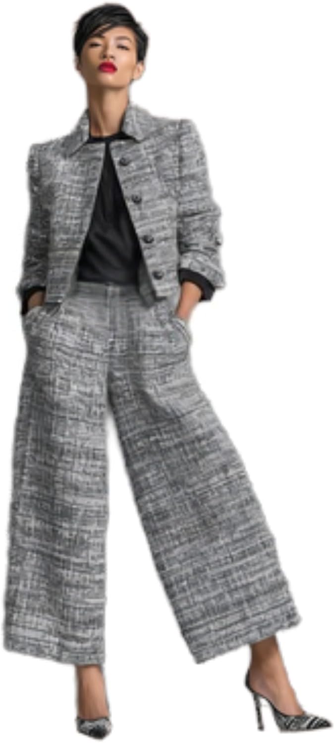 Single-Breasted Cropped Jacket and Wide-Leg Pants Set Tweed Pants Suit Elegant Matching Suit Sets Print 2 Piece Outfits