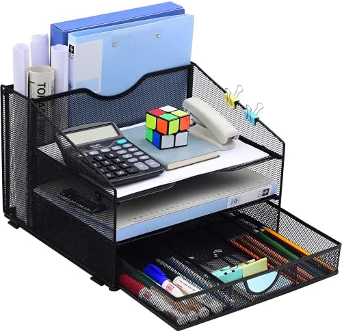 Desk Organzier Mesh Office Supplies Organization with Drawer File Accessories Storage Workspace with 4 Compartments for Women Home Desktop Paper Pen Shelf(12.8 x 12.4 x 9 Inch, Black) Desk Organzier Mesh Office Supplies Organization with Drawer File Accessories Storage Workspace with 4 Compartments for Women Home Desktop Paper Pen Shelf(12.8 x 12.4 x 9 Inch, Black)