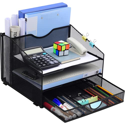 Desk Organzier Mesh Office Supplies Organization with Drawer File Accessories Storage Workspace with 4 Compartments for…