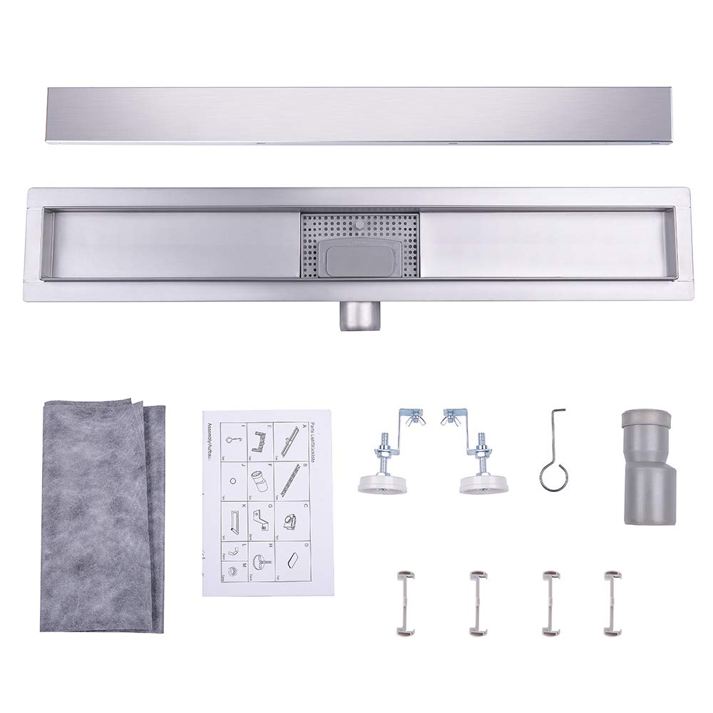 Duschrinne, doppelseitig, Siphon Geruchsverschluss und Haarsieb, personalisierbar, Ablaufrinne aus Edelstahl, sehr flach, Komplettset mit Bodenbefestigung, für Badezimmer 50 cm