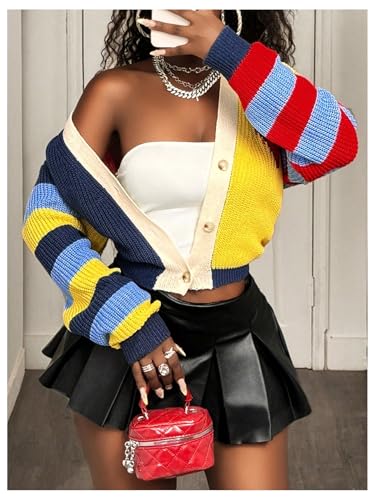 Milumia Women's Rainbow Striped Button Front Crop Cardigan V Neck Long Sleeve Knit Sweaters4