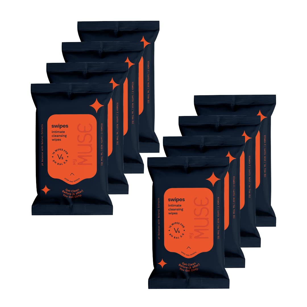 MYMUSE Swipes Cleansing Wipes For Women Pack Of 8 (80 Wipes) I Complete Biodegradable with Vitamin E Extract I Wet Wipes For Women On The Go I Maintains pH Balance I Made For Intimate Use