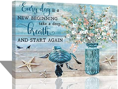 Beach Bathroom Decor Wall Art Sea Turtle Flowers Canvas Painting Blue Ocean Coastal Seascape Theme Picture Rustic Floral Poster Inspirational Quotes Modern Home Framed Artwork for Bedroom 16"x12"