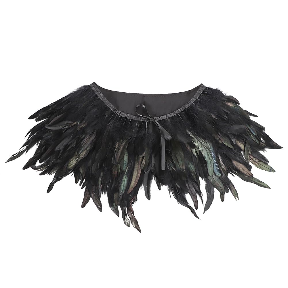 haozaikeji Women Ladies Halloween Feather Shawl Costume Realistic Gothic Shrug Collar Feather Cloak Cap with Shoulder Strap for Halloween Cosplay Carnival Party Accessories Black - Image 4
