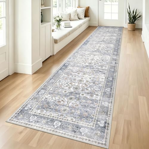 KUTA Vintage Long Runners for Hallways, 2.6x12 Grey Blue Washable