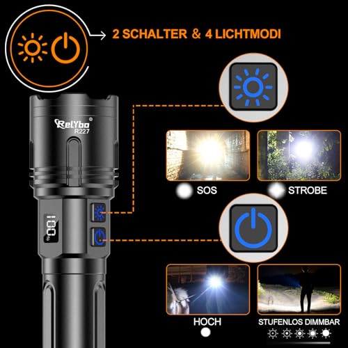 Relybo Taschenlampe LED Aufladbar 1000000 Lumen, LED Taschenlampe Extrem Hell XHM90.2 Batteriebetrieben USB, Starke Taktische Taschenlampe, 2 Schalter Stufenlos Dimmbar Flashlight for Outdoor Notfälle