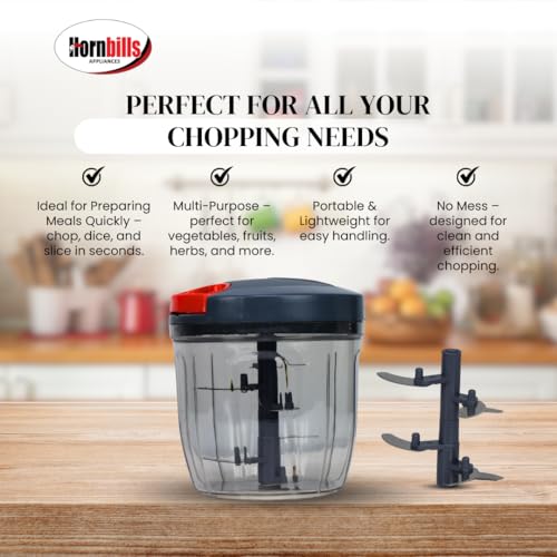 Image of Hornbills Vegetable Manual Chopper with 5 Blades 1000ml Kitchen Multi Blade Food Chopper for Vegetables Onion Garlic Hand Chopper Stainless Steel Blade Compact Vegetable Portable Mini Chopper | Red