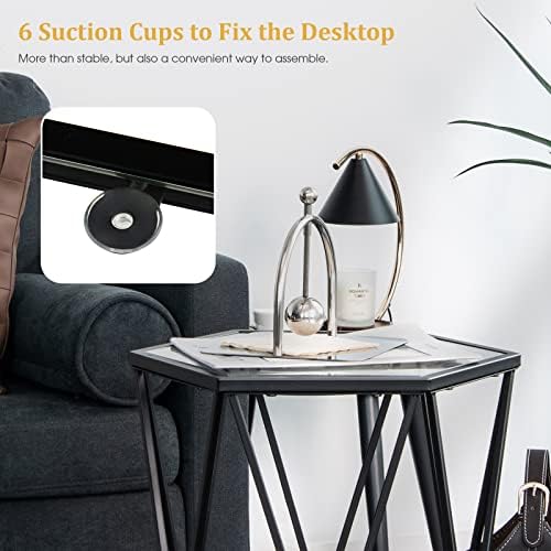 COSTWAY Hexagonal Coffee Table, Metal Frame Small Sofa End Side Table with Tempered Glass Top, Modern Narrow Nightstand Accent Snack Tea Table for Living Room, Bedroom and Balcony (40 x 35 x 61cm)