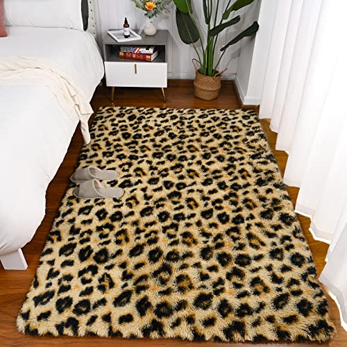 Amearea Fluffy Leopard Rug, Premium Cheetah Print Rugs, Soft Comfy Faux Fur Animal Print Carpet For Kids Room Bedroom, Living Room, Shaggy Teen Room Home Decor, Khaki 4X6 Feet #TOP1