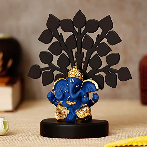 Image of eCraftIndia Gold Plated Blue Dhoti Ganesha Decorative Showpiece with Wooden Tree for Home /Temple /Office /Car Dashboard