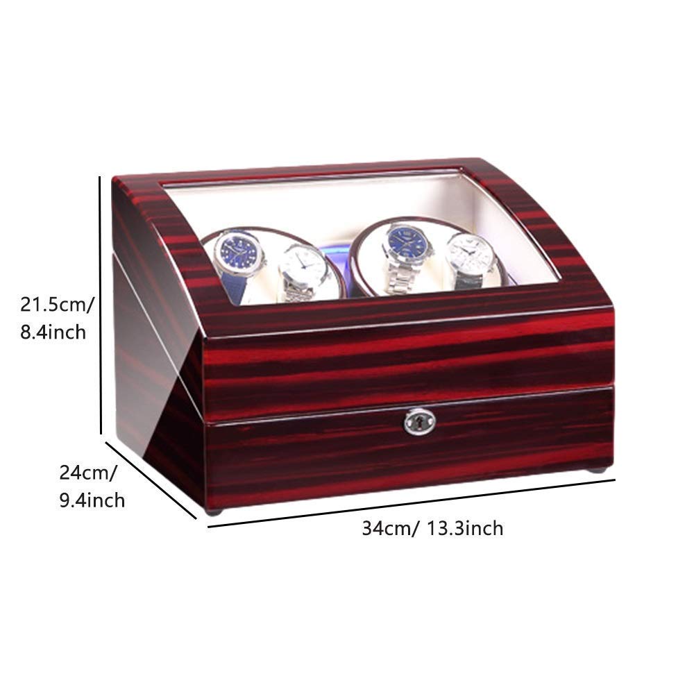 Scatola Carica Orologi per 4 Orologi Automatici + 6 vani portaoggetti con Luce LED Blu, Finitura Laccata Effetto Pianoforte, Doppia Alimentazione, Carica Orologi, espositore per or