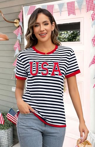 Image of Ithalt Women 4th of July Shirt Fourth of July Shirts USA Sequin Tshirt American Patriotic T-Shirt Stripes Tee Tops