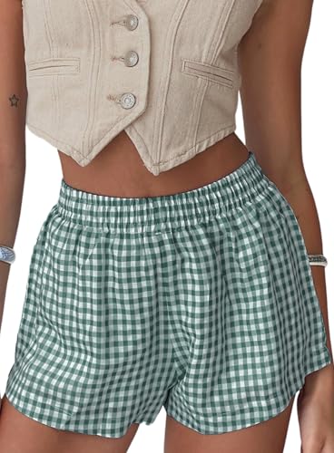 Image of Chunoy Women's Plaid Boxer Shorts Summer Casual Gingham Pajama Bottoms Short with Pockets