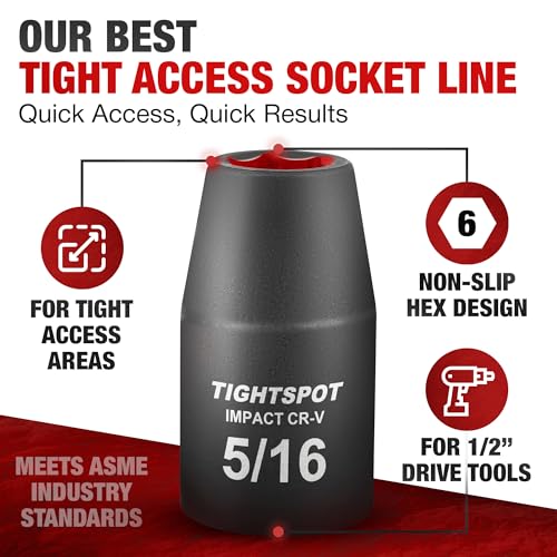 Image of TIGHTSPOT 1 /2 Inch Drive - 5 /16 Inch Shallow Impact Socket with Anti-Rounding 6 Point Design, Heat-Treated CRV Steel