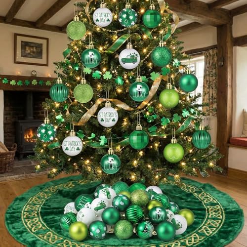 Syhood 32 Pcs St Patricks Day Tree Ornaments Shamrock Decorations for Small Tree St Patrick\'s Day Plastic Hanging Ball Ornaments for Irish Holiday Dinner Party