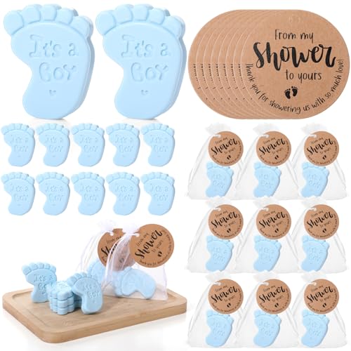 Blue It's A Boy 25 Sets Baby Shower Soap Favors for Guests | Girl Boy Footprint Handmade Scented Soaps with Thank You Tags and Organza Bags for Shower Gender Reveal Party Favors