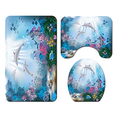 DOITOOL Tapis de Bain 3 en 1 Motif Dauphin Imprimé Tapis de Salle de Bain Antidérapant Tapis Contour Tapis de WC Housse pour abattant de WC