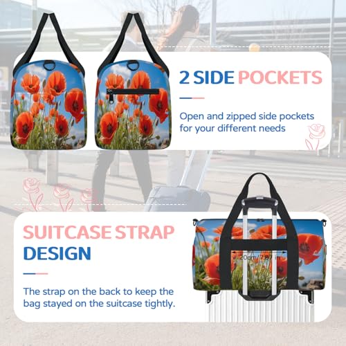 Red Poppy Pattern Sports Duffle Bag for Women Men Waterproof Overnight Weekender Bag with Adjustable Strap Travel Tote Bags for Beach Yoga Work Dance Swim4