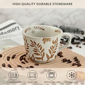 Ceramic coffee mug 12 oz novelty unique teacup with large handle stoneware cup for tea mocha latte cappuccino espresso set of 2 ivy and leaf  urban country home decor