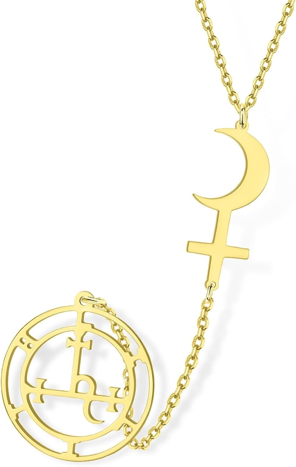 DAEFAG Sigil of Lilith Crescent Moon Witchcraft Pendant Necklace Double Protection for Black Moon Goddess Symbol Amulet Gothic Astrology Cross Pendant Witch Pagan Jewe, Gold1