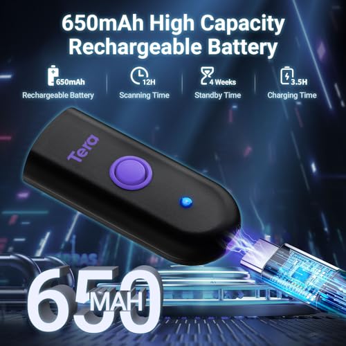 Image of Tera Barcode Scanner Mini 1D Wireless: 3-in-1 Works with Bluetooth 2.4G USB Wired Portable Laser Bar Code Reader Pocket Size for Windows Android iOS Tablets Computers 1100L Purple