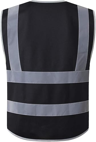 Miniatura 4 de Chaleco de seguridad negro reflectante de alta visibilidad con bolsillos y cremallera, chaleco reflectante de construcción (L, negro)