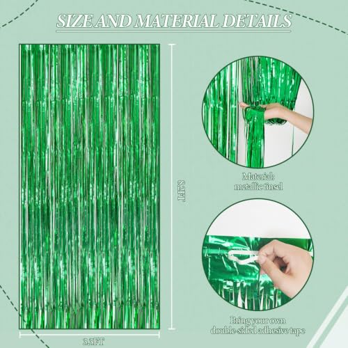 Image of DECOCKRAT 3 Pack Foil Fringe Backdrop - Green Shiny Tinsel Curtains for Party Decoration /Photo Booth Props - 3.3x8.2 FT Metallic Foil Backdrop for Birthday, Wedding, Graduation, Christmas.