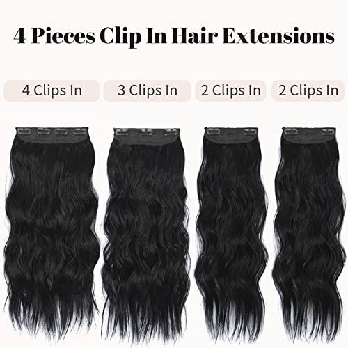 Kookastyle Clip In Synthetic Hair Extensions Long Wavy 4Pcs Thick Hairpieces Black Fiber Double Weft Natural Hair Extensions 20 Inch For Women #TOP2