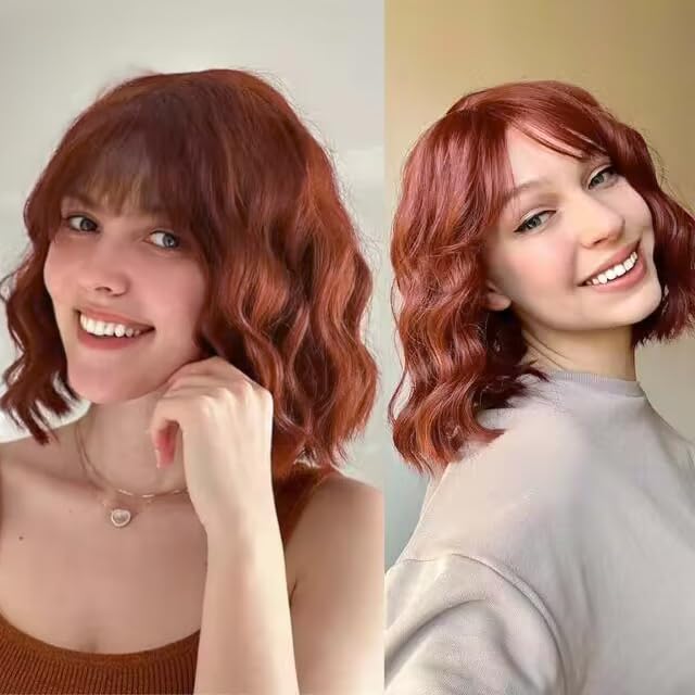 YEESHEDO Copper Red Short Auburn Bob Wigs with fringe for Women Natural Wavy Curly Hair Wig Heat Resistant Synthetic Wig for Ladies Daily Use or Cosplay Party Costumes,14inch