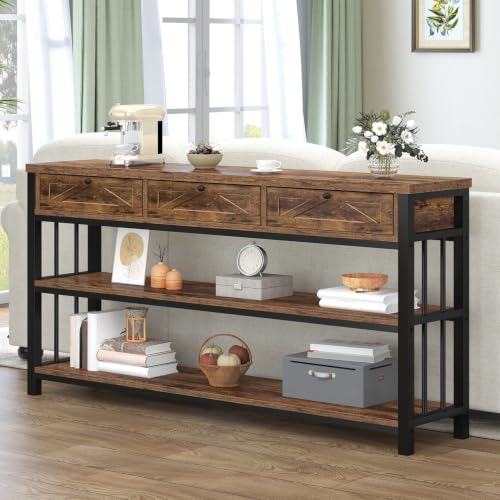 HSH Entryway Table with 3 Drawers, 55” Rustic Sofa Table with Storage Shelves, 3 Tier Console Table Behind Couch for Living Room, Farmhouse Wood Metal Entry Hallway Table for Entrance, Brown, 55 inch