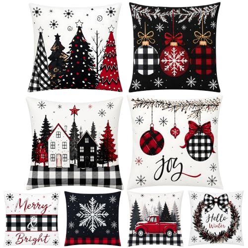 Christmas Decorations - Set of 4 Double-Sided Print Christmas Pillow Covers