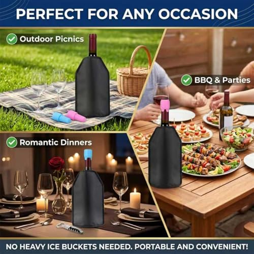 Gel Wine Cooler Sleeve, Portable Wine Bottle Chiller for Red/White/Champagne, Insulated Picnic & Camping Accessory with 2 Free Wine Stoppers (Black-A)