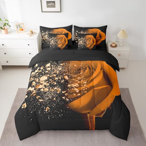 Feelyou Floral Rose Comforter Set with Sheets Queen Size Orange Rose 7 Piece Bedding Set for Kids Boys Girls Floral Flower Bed in a Bag Black Oange Bed Set