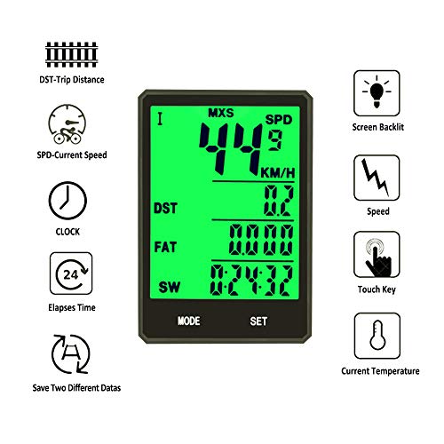 Wireless Bike Computer,Multifunction Wireless with Extra Large LCD Backlight Display Bike Speedometer and Odometer with Automatic Wake-up Multifunction Fits All Bikes
