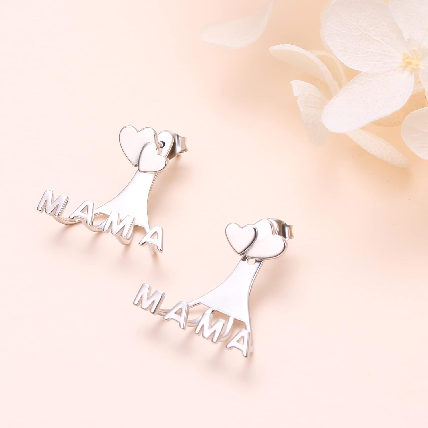 MAMA Earrings Jackets 925 Sterling Silver Simple Double Heart Stud Earrings for Women Mom Mother Birthday Christmas Mother's Day Gifts