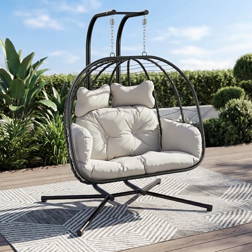 Bifanuo Double Hanging Egg Chair with Stand Outdoor Indoor Swing Chair with Removable Cushion for 2 Person Heavy Duty 700LBS Capacity for Patio Bedroom Garden (Black-Beige)