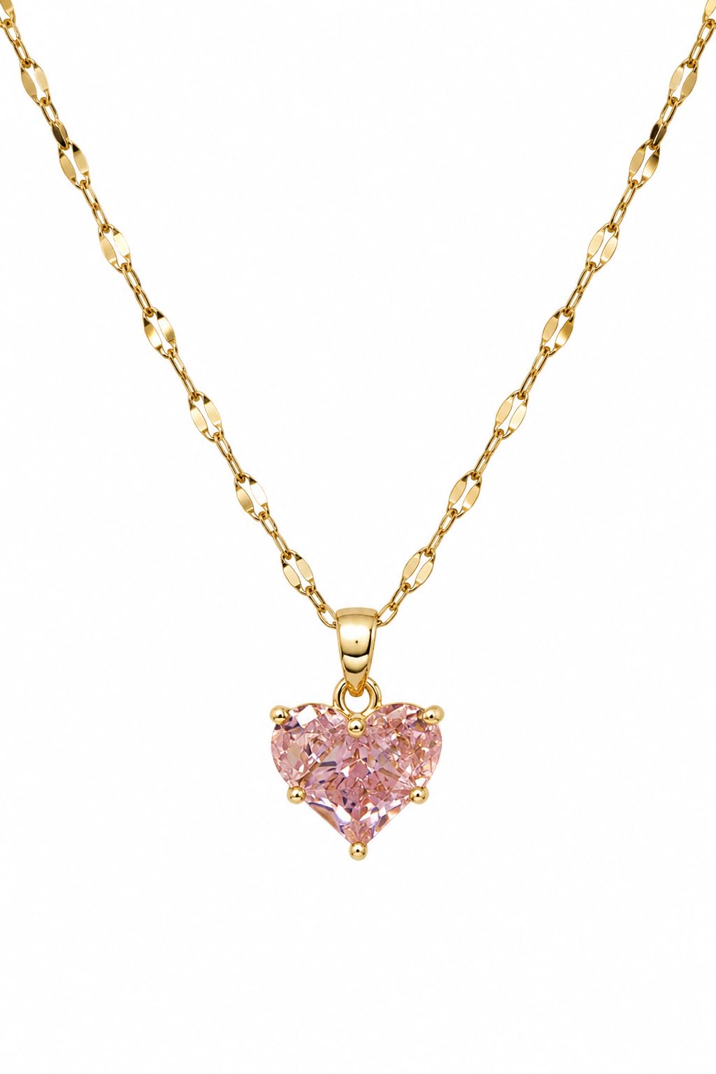 KYAMI Gold-Tone Heart Pendant Necklace with Pink Crystal Stone, Prong Setting, Delicate Chain-image-9