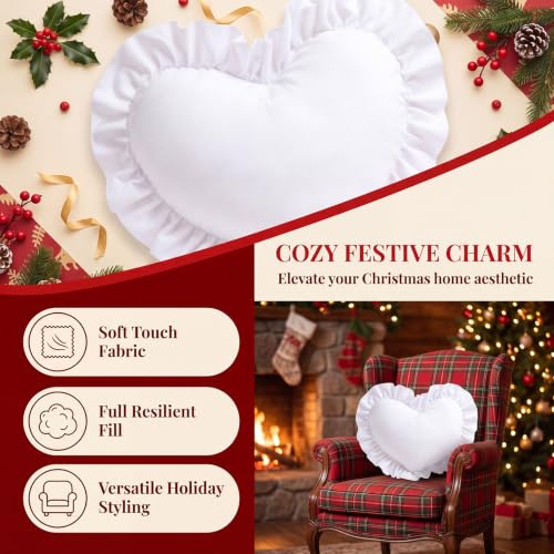 15.7 Inch Heart Shaped Christmas Throw Pillows with Ruffles, White - image 5