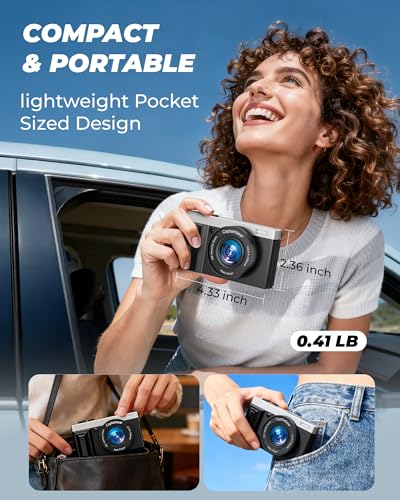 4Kデジタルカメラ 写真撮影用 64MP オートフォーカス Vlogカメラ YouTube用 3インチ 180°フリップスクリーンビデオカメラ、16倍デジタルズーム コンパクトポイント&シュートカメラ 手ブレ防止ビンテージカメラ 64GBカード付き