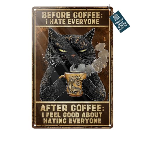 Waltheon Black Cat Coffee Wall Decor 8x12 Metal Sign
